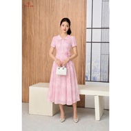 Pink silk flared dress with embroidered patterns, floral rolled waist 43184P96 - Toson