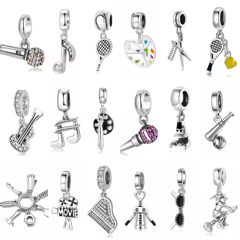 925 Sterling Silver Music Symbol Microphone Guitar Piano Scissors Pendant Charm Fit Original Bracele