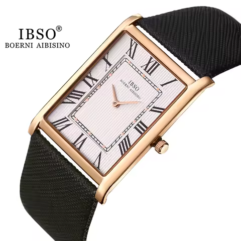 IBSO Ultra-Thin Rectangle Dial Men's Quartz Watch Luxury Business Style Genuine Leather Strap Waterp
