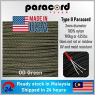 Made in USA - 3mm Type II 425 Tali Paracord Rope Parachute Cord - Olive Drab (OD Green)