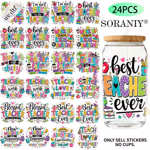 24PCS/Set Teacher Themed UV DTF 16OZ DIY Transfer Paper Set Used For 16oz Water Bottles Glass
