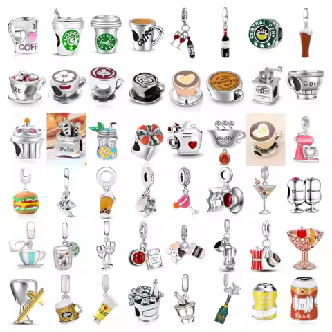 New 925 Silver cocktail cup Charm red wine glass love beer coffee Bead Amulet Fit Original Bracelet