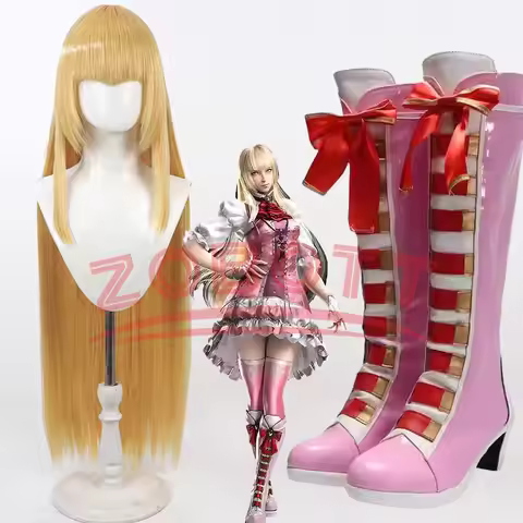 Game Tekken Lili Cosplay Shoes Wig Boots Pink Long PU Leather For Halloween Christmas Carnival Party