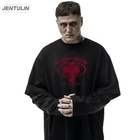 Harajuku Oversized Streetwear Men's Tshirt Satan Club Graphic Print Hip Hop Clothing Fake Two Pieces