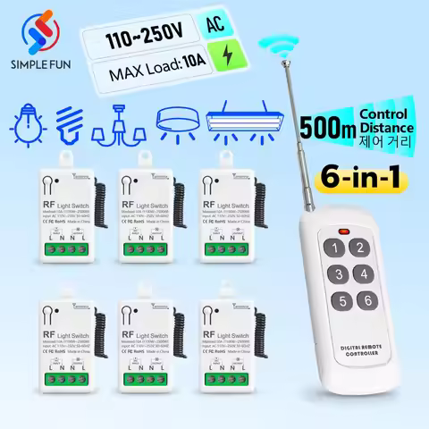 433Mhz Wireless Remote Control Light Switch 110V 220V 230V 10A Mini Relay Module 500m Range 6-in-1 T