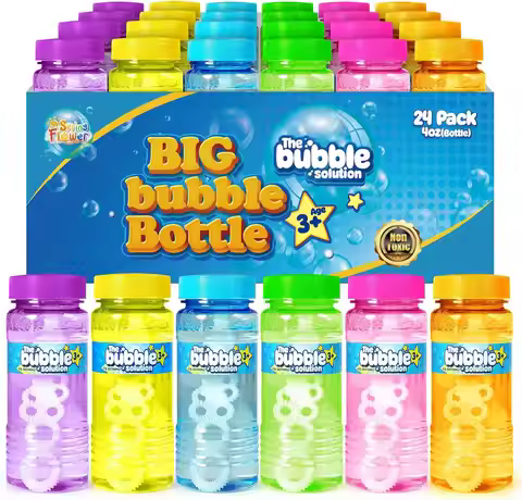 24 Pack Bubble Bottles with Wands, 4oz Each, 6 Colors, Party Favors for Kids, Outdoor Summer Toys