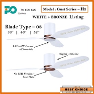 Yes Wifi Enabled PO ECO GUST series Low Ceiling Fan Hugger: White + Bronze (BNZ) / Blade Type 08- White / LED Light 26W Osram DC Motor /Size 36, 46, 54 inch / LED 20W OSRAM DIMMER