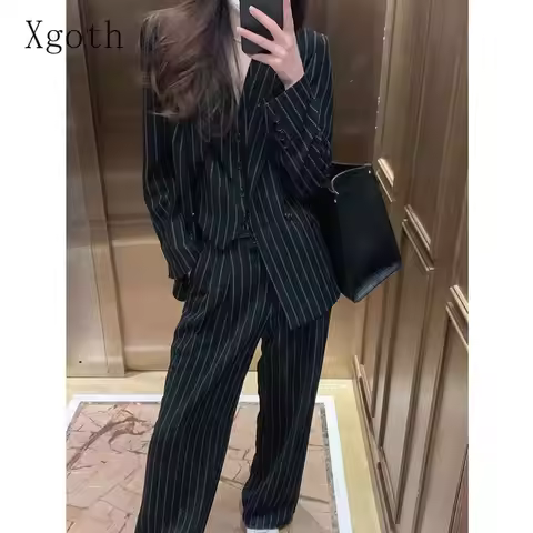 Xgoth Autumn Women Clothing Fashion High-end Black Stripe Professional Suit Vest Loose Casual Blazer