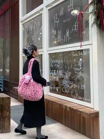 Pink Naughtin Leopard Soft Plu Tote Bag Large Capaci Commuter Bag Women's Handbag Sli Korean Sle Pol