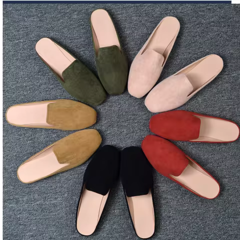 Women Half Slippers Flat Flock Shoes Square Toe Wide Fits Slides EU32-48 29cm Feet Length Green Khak