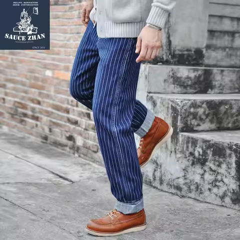 Saucezhan Striped Jeans Men Vintage Men Jeans Denim Overalls Men Jeans American Railroad Work Pants 