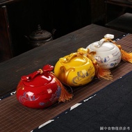 ((Ceramic Sealed Jar Small Jar Tea Jar) (Creative Tea Jar Household) Red Ruyi Ceramic Jar Persimmon 
