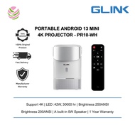 GLINK (PR10-WHITE)-PORTABLE ANDROID 13 MINI 4K PROJECTOR WITH REMOTE CONTROL SUPPORTING UP TO 140 IN