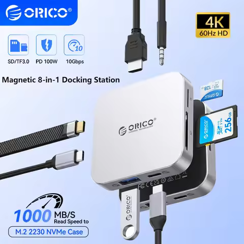 ORICO 8 in 1 USB C Docking Station Magnetic 10Gbps M.2 2230 NVMe SSD Enclosure 100W PD USB A Hub 4K@