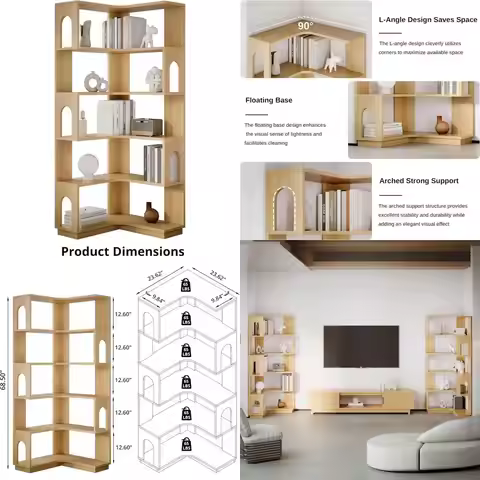 6 Tier Corner Bookshelf, Tall L Shaped Bookcase, 68.5 Inches Wooden Corner Bookshelves with Arched D