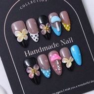 Handmade Almond Nail Stickers In Multi Color, French Y2K Style & 3D Hand Carved Mushroom & Hand Pain