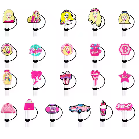 MINISO 10-21Pcs Barbie Cartoon Silicone 10mm Straw Caps 30&40 Oz Tumbler with Handle Dust-Proof Reus