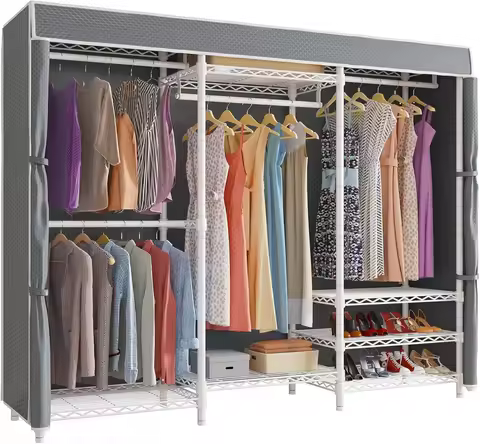 V5C Portable Bedroom Armoires Wardrobe Closet with Cover, Heavy Duty Adjustable Clothing Rack, White