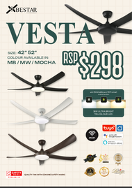 (Installation promo) BESTAR dc ceiling fan VESTA 42inch 52inch ceiling fan with 36W LED tri-tone dimmable light white black mocha 2 years warranty
