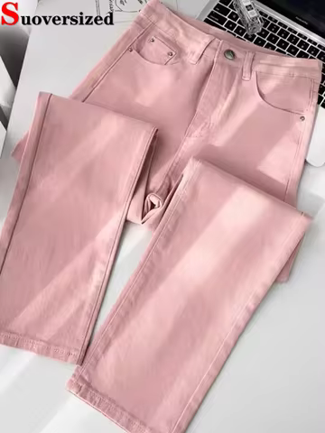 Korean Fashion Pink Straight Jeans Women Casual Vintage High Waist Wide Leg Denim Pants Spring Fall 