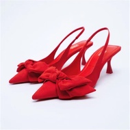 New Zara Shoes Women Fashion Pointed Heels Bow Decorated Red Pointed High Heels
