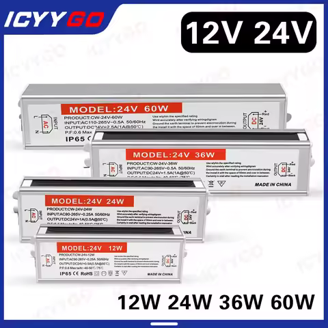 IP68 Waterproof LED Power Supply 24W 12V DC Adapter Transformer 60W 110V-240V AC Driver 36W 12W LED