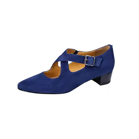 Suede Cross Strap High Heels 35cm Thick Heel Round Toe Soft Insole Black Coffee Blue Leopard Print K