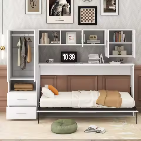 Twin Murphy Bed with Wardrobe & Table, Space Saving White