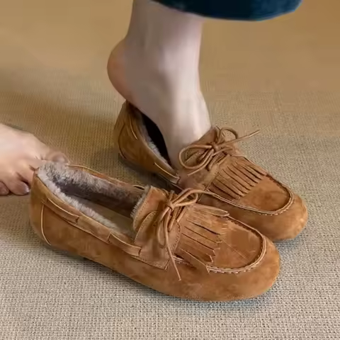 Suede Loafers Shoes Fur Flats Boots Woman 2026 Trend Winter Fashion Designer New Brand Walking Cozy