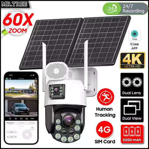 4G SIM Home Outdoor Surveillance Solar Camera 60x Zoom AOV 24 Hours 25W Smart Auto Tracking PTZ CCTV