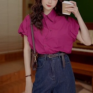 Retro Fashion Dragon Fruit Color Short Sleeve Casual Shirt Womens Summer Lazy Style Irregular Collar