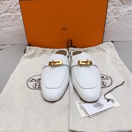 閒置新 未使用Hermes/愛馬仕kelly金扣b刻 白色半拖鞋37碼 配件塵袋 包裝盒