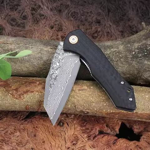 New Damascus Folding Knife Carbon fiber/Zebra wood Handle Tanto Pocket Knives Outdoor Tactical Hunti