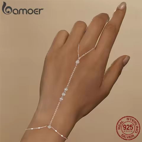 BAMOER 925 Sterling Silver Adjustable Hand Chain Bracelet Four-leaf Clover CZ Finger-Wrist Link for 