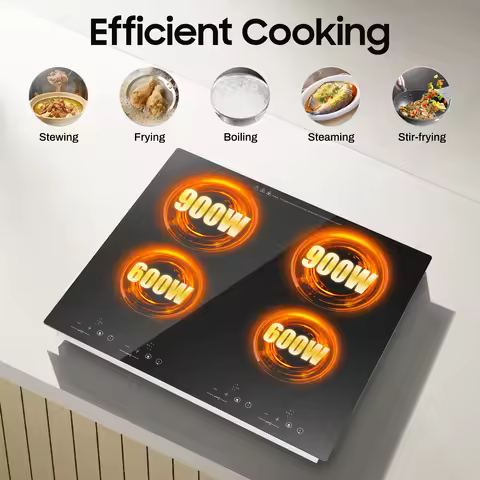 3000W 110V Built-in Induction Cooktop with 4 Burners 9 Power Gears Plug Touch Control Timer Safety L