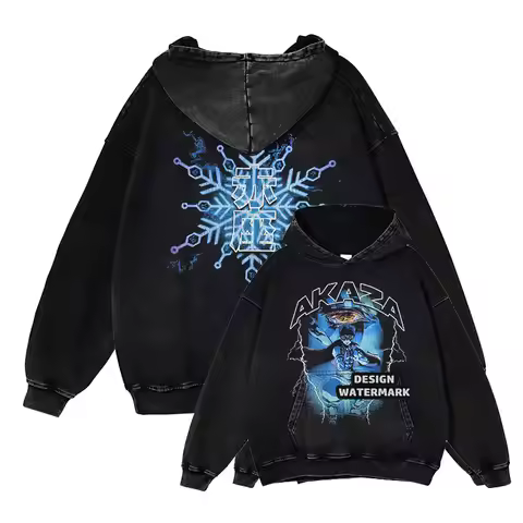 Anime Kimetsu No Yaiba Streetwear Oversized Vintage Washed Akaza Hoodies Zenitsu Tanjirou Casual Swe