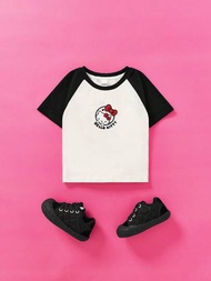 HELLO KITTY AND FRIENDS | SHEIN 少女漫畫和字母圖形對比色拉甘袖t恤
