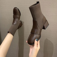 Autumn and Winter New Soft Leather Square Toe Middle Boots Fashion Stitching Knitted Sock Boots Short Boots Women Roman Style Mid Heel Stretch Dr. Martens Boots