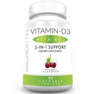 Mauricettes Chewable D3 dengan K2 – 2in1 B & Port Jantung – Peningkat – Rasa Ceri – 90 Tablet untuk 