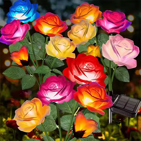 5 Heads Solar Lights Outdoor Decorative Solar Garden Lights Rose Flower Lawn Lamp for Yard Patio Gar