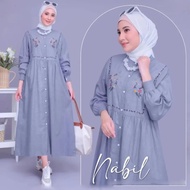 COD Nabil Midi Dress Ukuran Jumbo Full Kancing aktif LD 110 Midi Long Tunik Bahan Polo Linen premiu