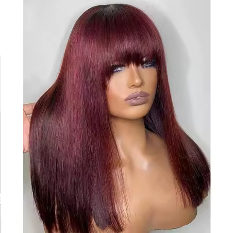 99J Short Straight Human Hair Wigs With Bangs Raw Vietnamese Red Colored Bob Glueless Wig Human Hair