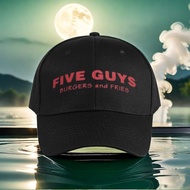 1 Adjustable Peaked Cap - A stylish black sports cap featuring FIVE GUYS AND FRIES printed on it, ma