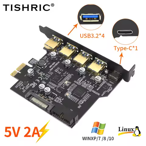 TISHRIC Type C USB 3.2 Gen1 PCIE Card PCIE 1X To USB 3.2/19in/TYPE-C Adapter Multiplier USB3.2 PCI E