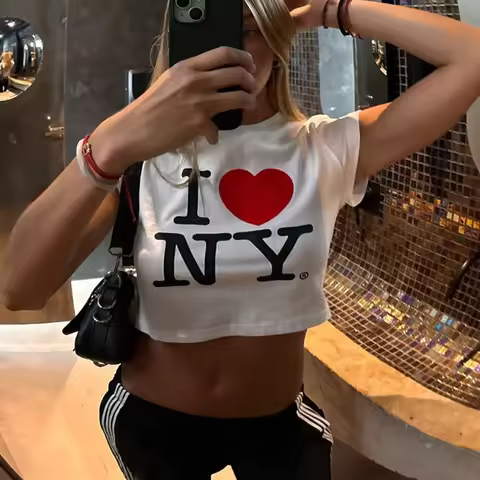 Women Summer New Fashion I Love NY Crop Tops O Neck Cropped Top Harajuku Gothic Clothes Y2k T Shirt 