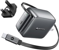 Mazer G67W GaNPrestige 67W Wall Charger | Retractable USB-C Cable (70cm) + Extra Port | US/UK Travel