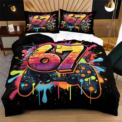 Black Background Street Graffiti Number 67 Game Controller 2/3Pcs Duvet Cover Set Colorful Drip Pain