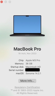 Apple MacBook Pro M3 Pro 16吋版本 36G記憶體 512GB儲存硬碟