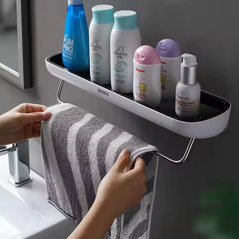ECOCO Bathroom Storage Rack Shower Shelf Punch Drill Free Adhesive Cosmetic Organizer On Wall Towel 