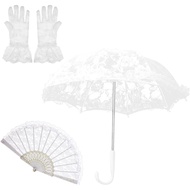 Kit Payung Mini Renda Putih Vintage, Payung Sulaman Renda, Sarung Tangan Bunga, Kipas Lipat Tangan, 